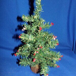 Vintage Miniature Green Leafy Christmas Tree w/ Red Bulbs on Real Wood Base